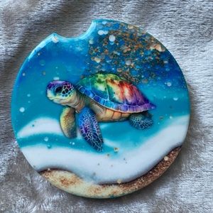Set of 2 ceramic car coasters - Beach turtle